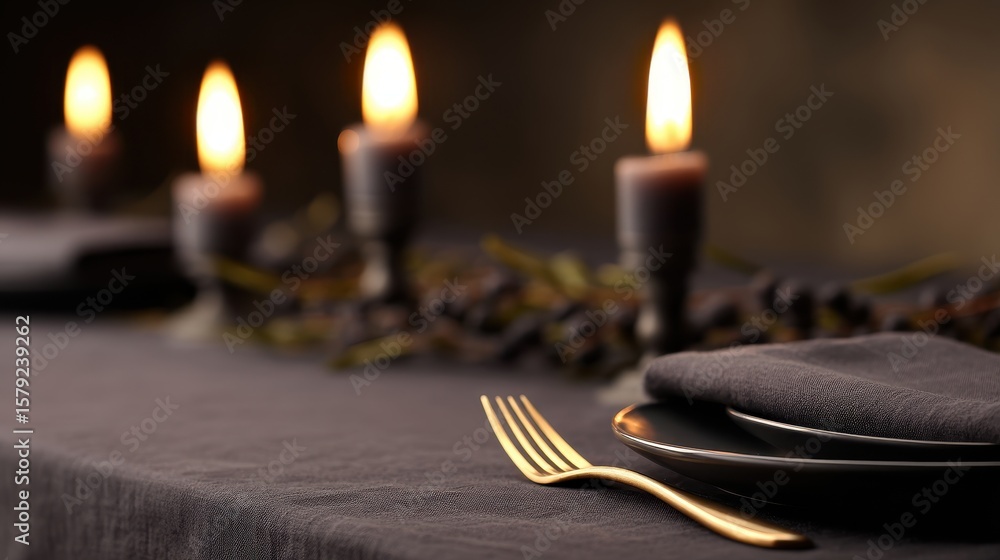 Poster elegant dining setup with candles and dark table setting, creating a warm ambiance for gatherings