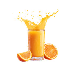 Vibrant orange juice splashing out of a clear glass with fresh orange slices on a transparent background isolated on transparent background