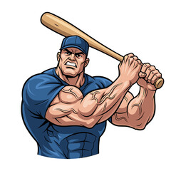 Muscular baseball player in blue gear preparing to swing the bat with intensity.