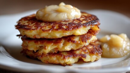High-quality photo of potato pancakes with apple sauce and sour.