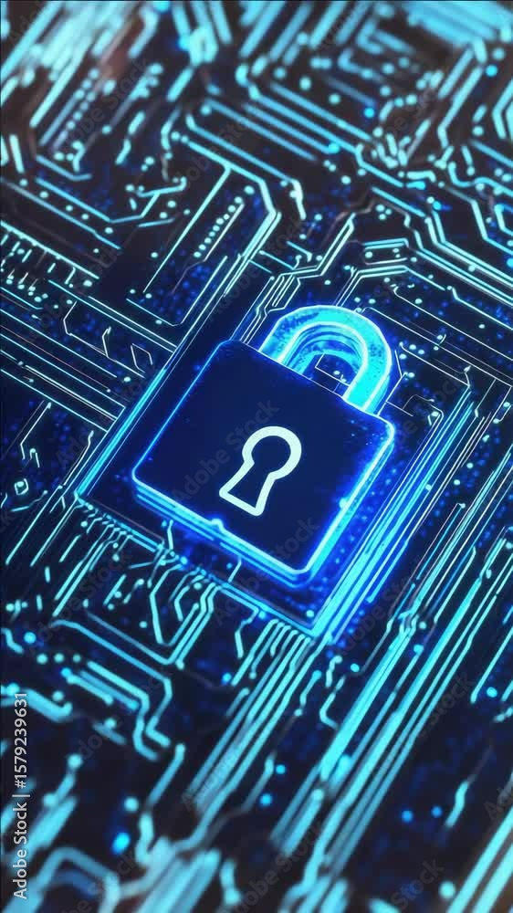 Poster blue digital electronic circuit with keypad lock, secure computer chip, technology and data protecti