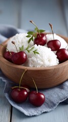 Bowl of white ice cream adorned with fresh red cherries and green leaves