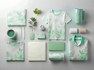 A complete set of branding stationery with green leaf design elements is displayed