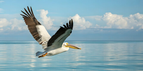 Obraz premium Pelican gliding low above calm ocean water