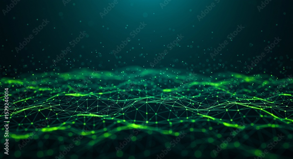 Poster a green network of interconnected lines and dots floating above a dark teal background surface