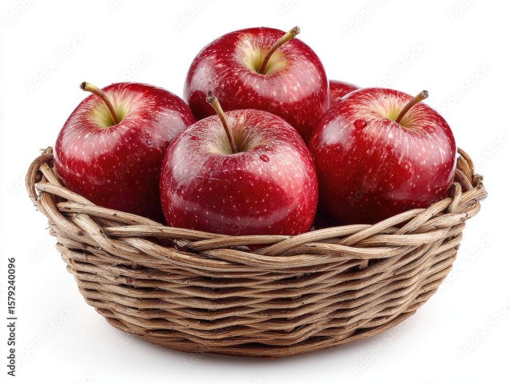 Poster four shiny red apples nestled in a rustic brown wicker basket against a stark white background