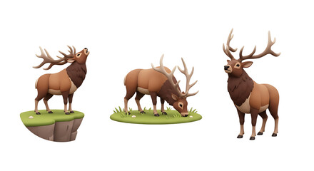 Stylized Elk Trio Roaring Grazing and Standing with Majestic Antlers.