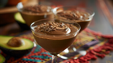 Close up of chocolate avocado mousse in glasses with chocolate shavings on a colorful background .