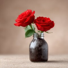 Two vibrant red roses with green leaves arranged in a dark glass bottle on a textured surface