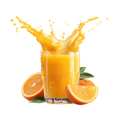 Dynamic splash of vibrant orange juice erupting from a clear glass surrounded by fresh orange slices and green leaves isolated on transparent background