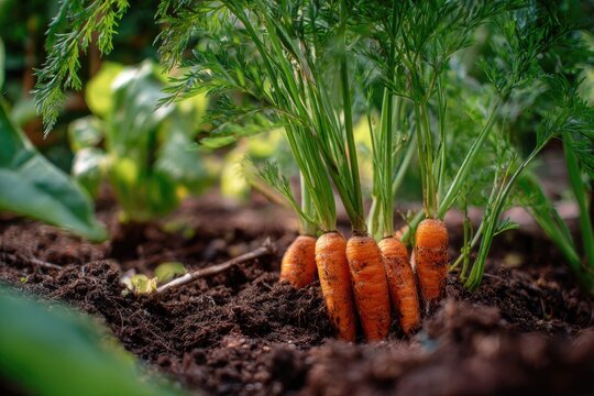 A cluster of freshly harvested carrots, still attached to their leafy tops, protrudes from dark soil in a vibrant garden setting - Powered by Adobe