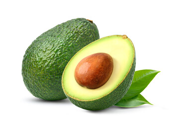 Green Avocado with cut in half isolated on white background.