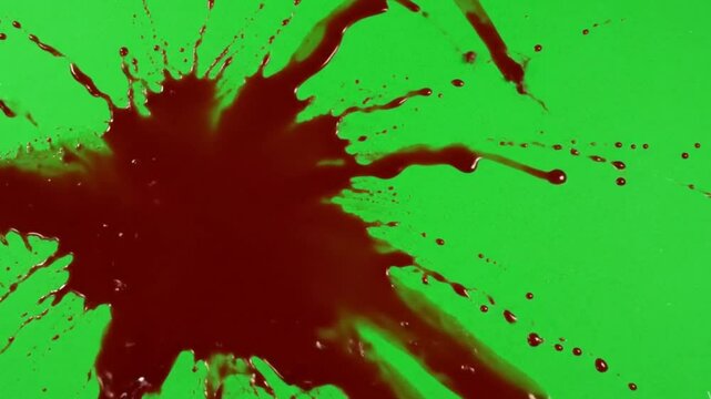 A video depicts a blood splatter effect. Red liquid is splattered against a green screen background.
