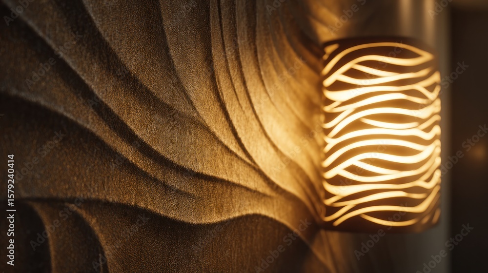Aufkleber close up of a textured wall with undulating waves illuminated by a warm glowing light fixture castin