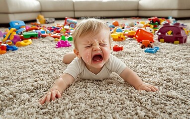 Crying baby sprawled on carpet amidst scattered toys, overwhelmed and upset