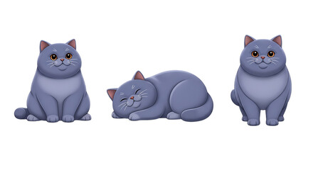 Three Adorable Cartoon British Shorthair Cats in Various Poses.