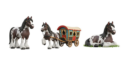 Three Adorable Cartoon Gypsy Vanner Horses with Wagon.