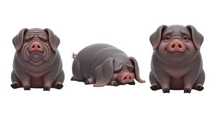 Three Adorable Cartoon Pigs in Various Poses Sitting Sleeping and Smiling.