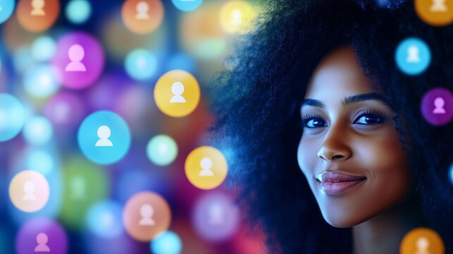 Young woman with curly hair smiling confidently, surrounded by colorful social media icons, representing digital connectivity and online interaction in a vibrant atmosphere
