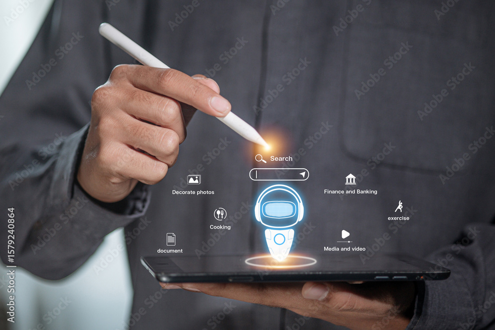 Poster ai assistant search digital robot tablet interface concept