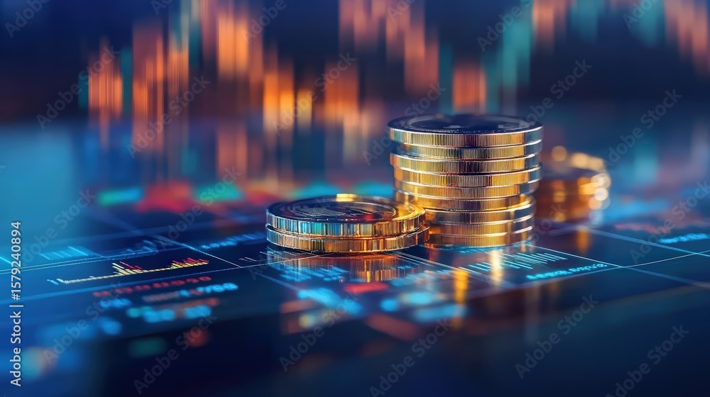 Poster close-up of stacked coins on financial data chart with stock market graphs and digital overlay backg