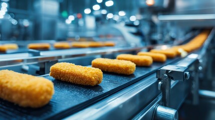 High-quality photo of industrial food production line showcasing breaded chicken nuggets in raw form, with cheese inside, close-up of mechanical elements and conveyor belts in.