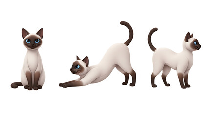 Three Adorable Siamese Cats in Playful Poses Sitting Stretching and Standing.