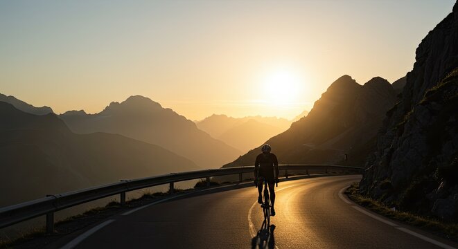 cycling in mountain road with sunset in the mountains
