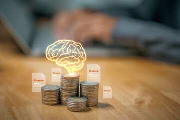 AI Financial Intelligence Digital Brain and Coin Stack