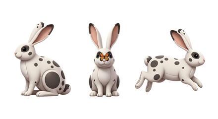 Three Adorable Spotted Rabbits in Playful Poses One with Butterfly.
