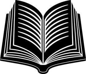 Open book with pages fanning out in a clean black and white silhouette