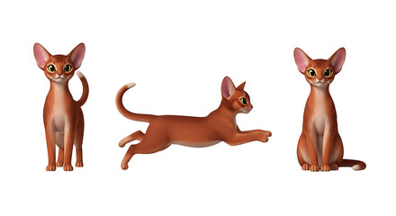 Three Animated Abyssinian Cats in Various Poses Playful and Expressive.