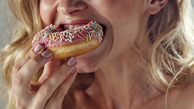 close up woman eating donut tasty sweet
