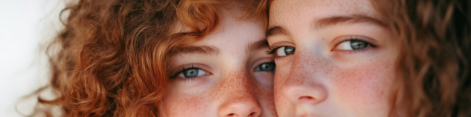 Fototapeta premium Close-up Portrait of Two Individuals with Freckles and Red Curly Hair