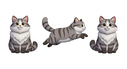 Three cartoon cats two seated and one leaping all with gray stripes.