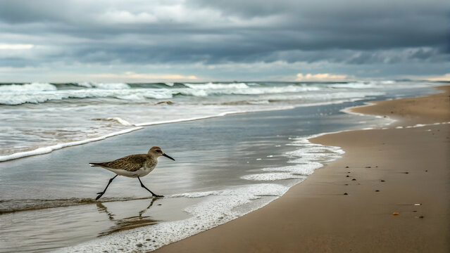 Sandpiper scurrying on wet shoreline