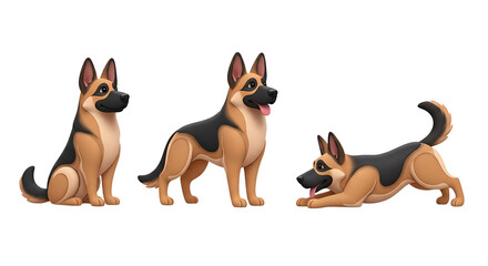 Three Cartoon German Shepherds Sitting Standing and Playful Pouncing Poses.