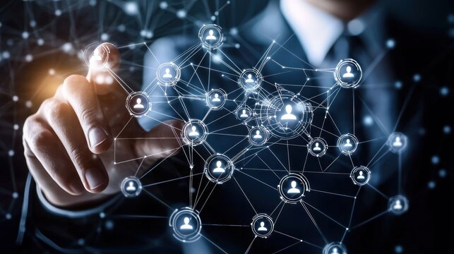 Businessperson interacting with digital network of people