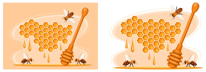Honeycombs with honey, bees and honey spoon. Concept of honey production and sale, natural nutrition and healthy lifestyle. Advertising banner, label for honey trade. Vector illustration.