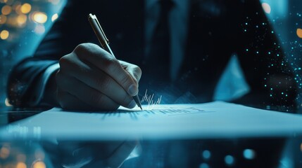 Man signing a contract at night