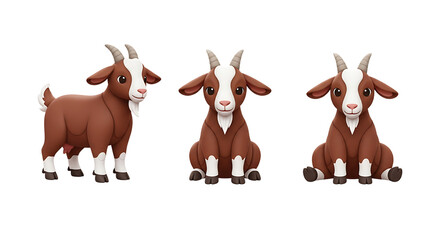 Three cartoon goats with brown fur white markings and small horns.