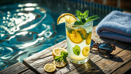 Chilled citrus drink on poolside table with summer light, fresh fruit, and vacation vibes in the sun.
