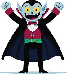 Cheerful Cartoon Vampire with Raised Arms, Red Cape, Halloween ArtCheerful Cartoon Vampire with Raised Arms, Red Cape, Halloween Art