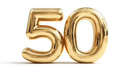 High-quality photo of golden number 50, shiny metallic finish, perfect for celebrations, anniversaries, or milestone events, elegant design, isolated on white background.
