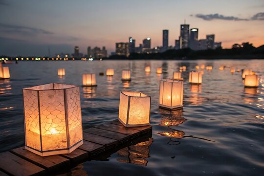 Illuminated paper lanterns floating on water at dusk with city skyline image - Powered by Adobe