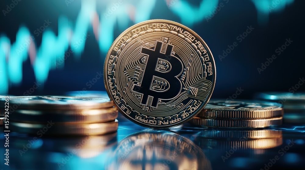 Aufkleber digital bitcoin coin with blockchain technology background and financial data visualization