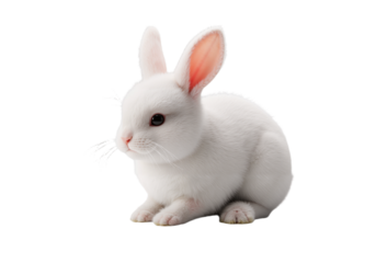 Fluffy white rabbit with pink ears sitting still, soft fur, adorable expression, white background only.