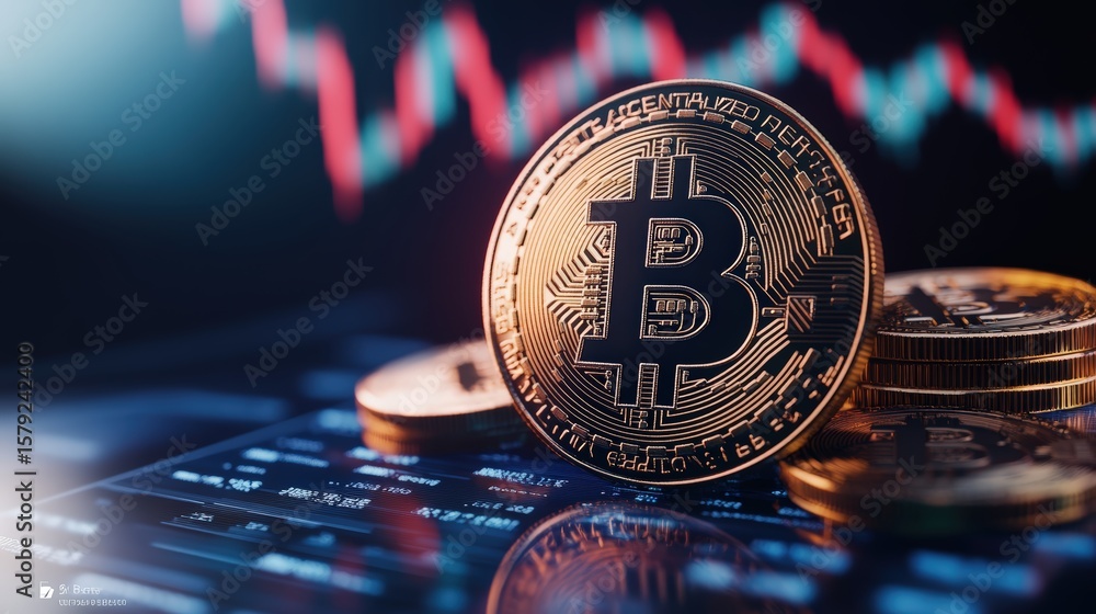 Poster digital cryptocurrency bitcoin coin display with financial chart and stock market data background