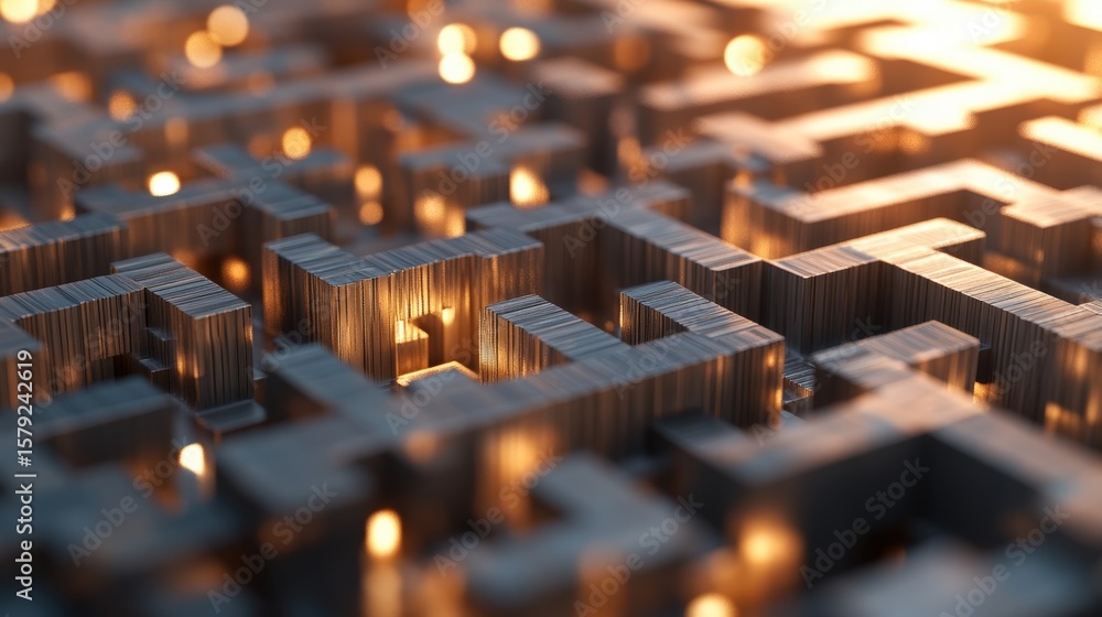 Poster intricate maze-like wooden puzzle with glowing light accents creating a complex geometric pattern an