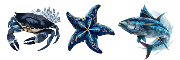 Artistic marine creatures in geometric and ornate designs including a crab, starfish, and fish in vivid blue tones